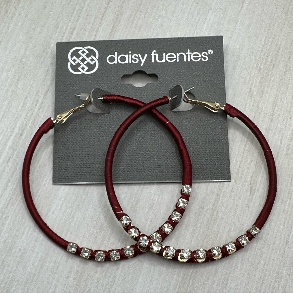 Brand New Daisy Fuentes Maroon/zGold/Rhinestone Hoop Earrings